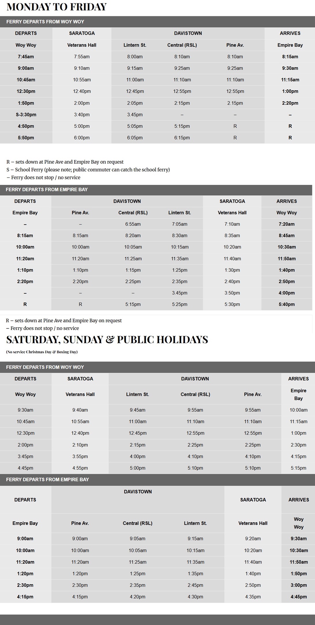 Central Coast Ferries Timetable